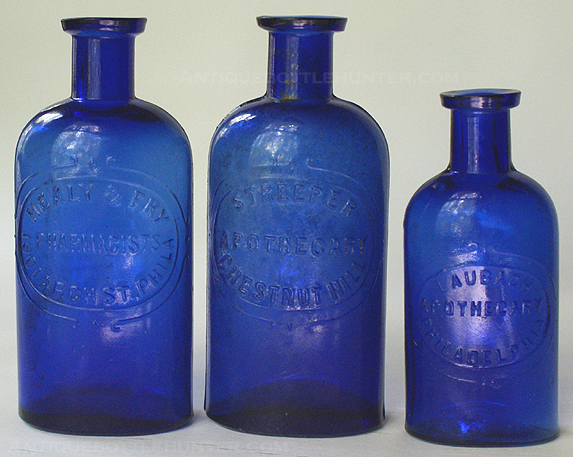 HEALY & FRY / PHARMACISTS / 1901 ARCH ST., PHILA. (4 7/8 in.) - STREEPER / APOTHECARY / CHESTNUT HILL (4 7/8 in.) - LAUBACH / APOTHECARY / PHILADELPHIA (4 1/8 in.) --- Antiquebottlehunter.com
