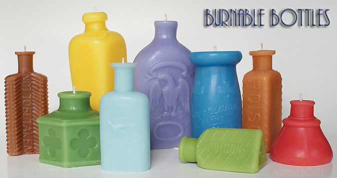 A group of bottle candles available from Burnable Bottles --- Burnable Bottles - AntiqueBottleHunter.com