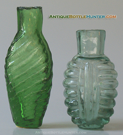 A pair of yellow green and aqua ribbed European [?] smelling bottles. --- AntiqueBottleHunter.com
