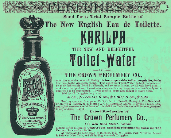 Ad for THE CROWN PERFUMERY CO. - KARILPA Toilet-Water --- AntiqueBottleHunter.com