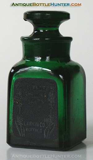 Square green Lavender Smelling Salts - Larkin Co. Buffalo --- AntiqueBottleHunter.com