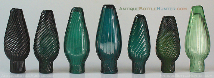 A run of greens and teal pattern molded smelling bottles --- AntiqueBottleHunter.com