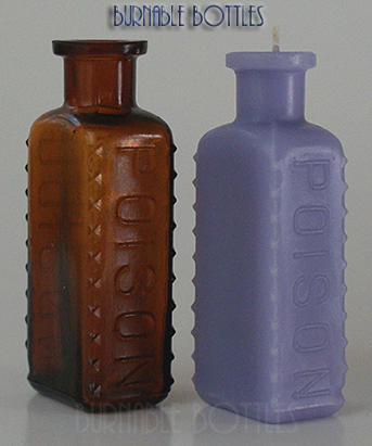 Candle ITEM# 1007 --- An amber KR-9 rectangular poison bottle and candle. --- Burnable Bottles - AntiqueBottleHunter.com
