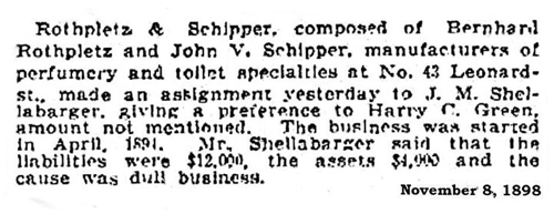 1898 ROTHPLETZ & SCHIPPER company information. --- AntiqueBottleHunter.com