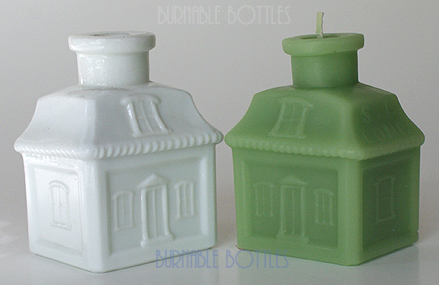 Candle ITEM# 1003 --- A milkglass S.I. COMP (Senate Ink Company) house or cottage ink bottle and candle. --- Burnable Bottles - AntiqueBottleHunter.com