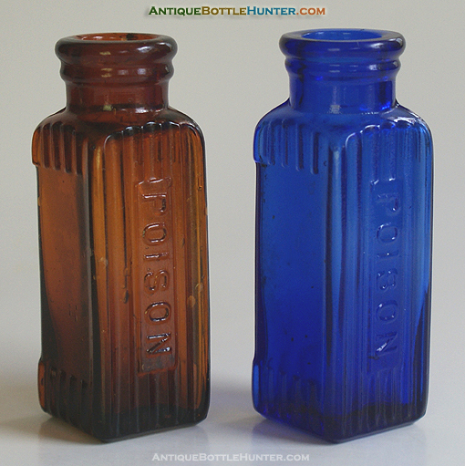 A set of amber and cobalt blue KS-9s. --- Antiquebottlehunter.com