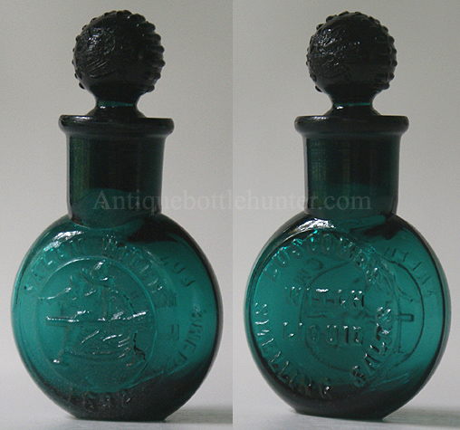 A teal salts embossed LUSCOMB'S / WITCH / LIQUID / SMELLING SALTS. It has SALEM WITCH and a witch with broom (also on both sides of stopper) 1692 on the reverse. Height w/out stopper, 2 - 1/4 in. Width, 1 - 5/8 in. --- AntiqueBottleHunter.com