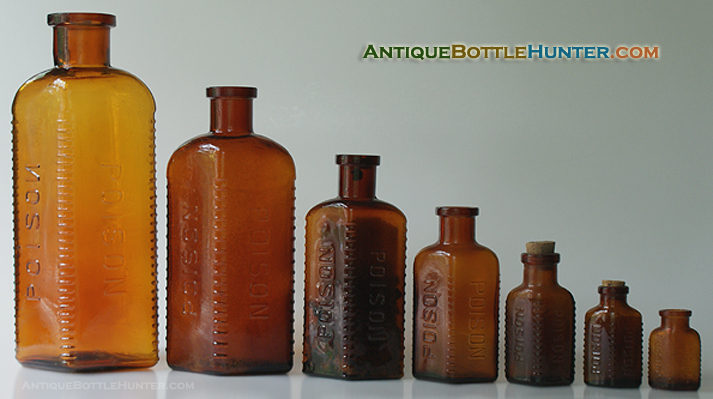 A run of amber KV-1 POISON / POISONs. --- Antiquebottlehunter.com