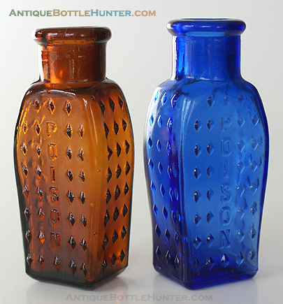A set of amber and cobalt blue KU-18s. --- Antiquebottlehunter.com