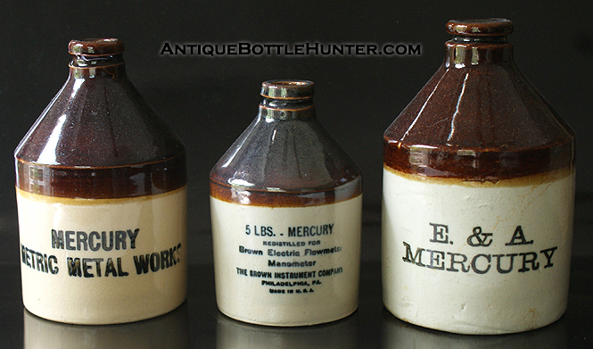 A group photo of three unusual Mercury jugs --- Antiquebottlehunter.com