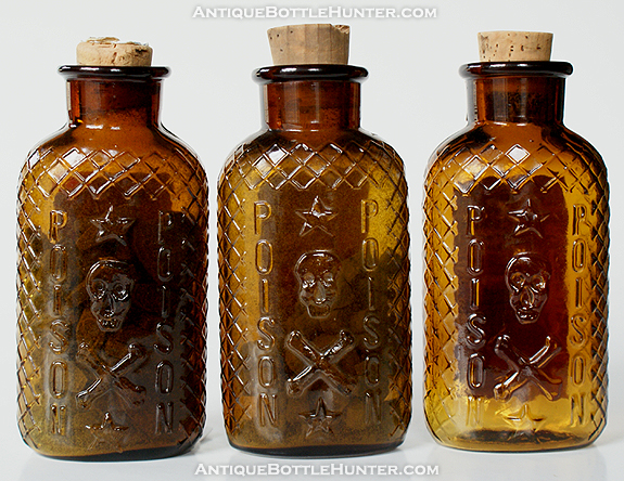 Three amber KO-1s... All three have labels. The first also has coffin shaped pills inside (4 - 5/8 in.) --- AntiqueBottleHunter.com 