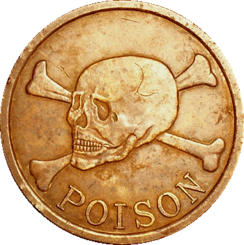 A poison collector's go-with. A thick heavy coin or token with a skull and crossbones above the word POISON. Opposite has a Yin Yang symbol. Size is 1 - 5/8 in. --- AntiqueBottleHunter.com