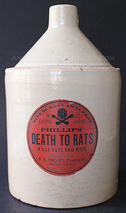 PHILLIPS' DEATH TO RATS jug (9 - 1/4 in.). --- AntiqueBottleHunter.com
