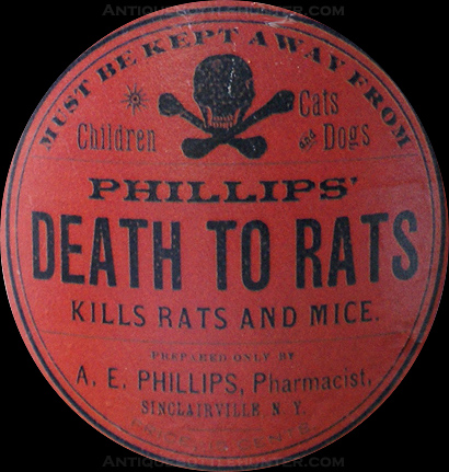 A close-up of the red label PHILLIPS' DEATH TO RATS --- AntiqueBottleHunter.com